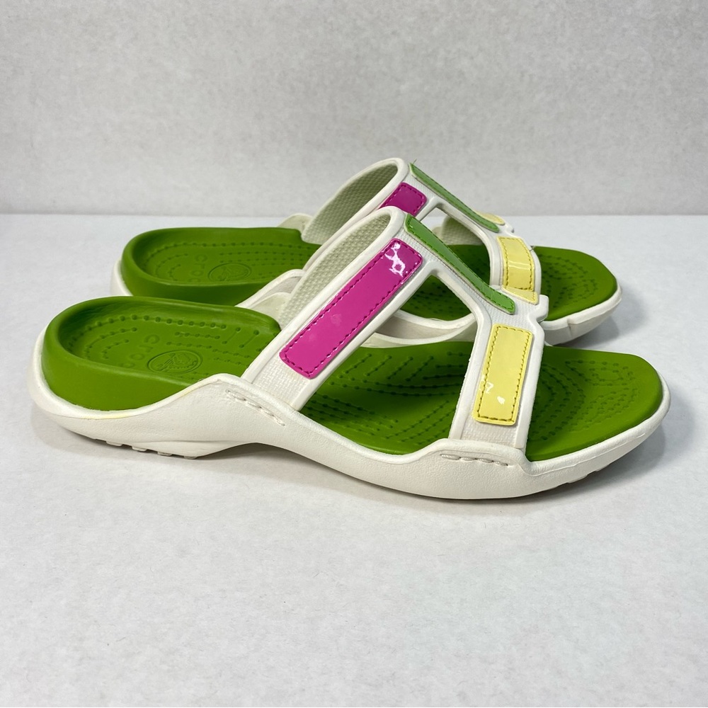 Crocs Waterproof Slip On Strappy Slides Sandals White Green Pink Yellow; Women 7